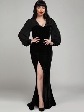 Collectif Arionna Velvet Sheer Illusion Long Sleeve Maxi Dress US 8 Black Retro